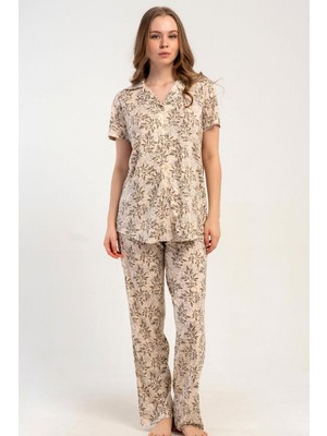 Kezokino Kadın Önden Düğmeli Kısa Kol Ekru Pijama Takımı C8T0N2215