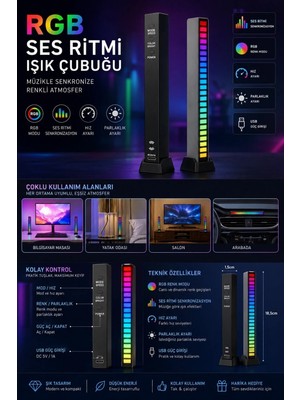 Tastech Sese Duyarlı Rgb LED Işık Ritim Işığı 32 Bit Göstergeli Araba/pc/tv/oda/masaüstü Için Renkli LED Işık Şarjlı Ekolayzır Işık Çubuğu