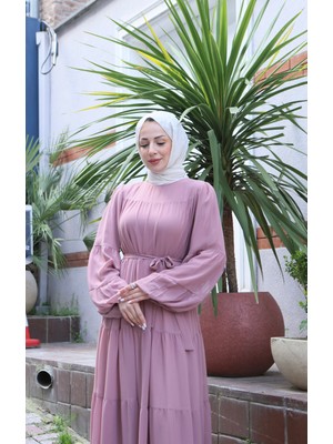 Kuşaklı Kat Kat Şifon  Elbise  Pudra    HNT8595