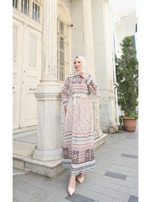 Desenli Boydan Piliseli Kemerli Şifon Elbise Krem    HNT2968
