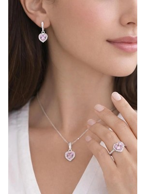 Çelik Pembe Zirkon Taşlı Kolye Küpe Yüzük 3 Lü Gümüş Rengi Takı Seti
