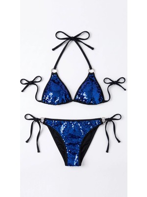 Zi Siyah Mavi Payetli Üçgen Bikini Takımı