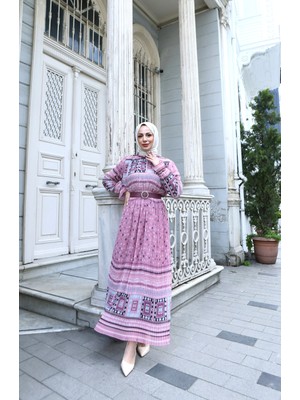 Desenli Boydan Piliseli Kemerli Şifon Elbise Pudra  HNT2968