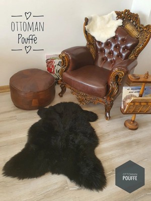 Ottoman Pouffe Hakiki Gerçek Deri Siyah Uzun Tüylü Büyük Boy Yumuşacık Organik Koyun Postu 86X110CM
