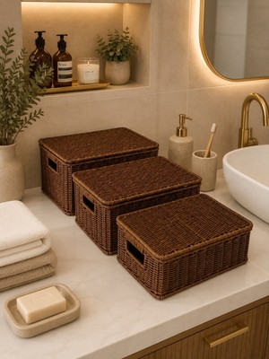 Morponi 3'lü Kapaklı Letta Organizer  Çok Amaçlı Hasır Rattan Sepet SVR-BJ71490