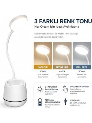 Masa Lambası Şarjlı Dokunmatik 24 Led’li, 3 Renk Modlu Ayarlanabilir Işık, USB Şarjlı, Esnek Gövde, Modern Masa ve Gece Lambası