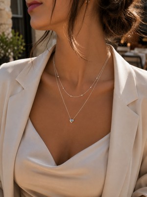 Adata Jewelry Çelik Kalp Dorika Zincirli 2li Kadın Kolye Gümüş/ Uzatma Zincirli