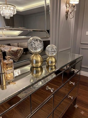 Volix Dizayn Kristal Küre Dekoratif Obje 2’li Set Eskitme Modern Ev Salon Ofis Aksesuarı Masa Süsü