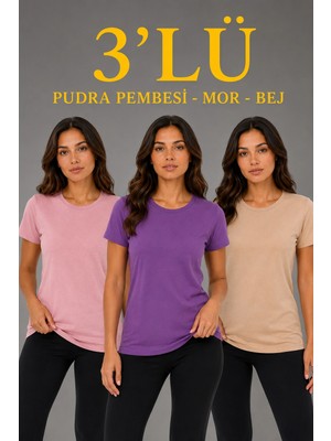 Asmedo Kadın 3’lü Kısa Kollu Bisiklet Yaka Basic Slim Fit T-Shirt - Pudra Pembe - Mor - Bej
