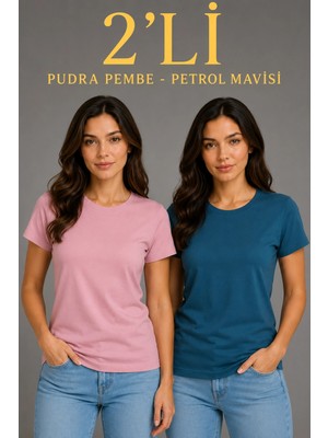Asmedo Kadın Basic Bisiklet Yaka Yazlık Slim Fit T-Shirt - Pudra Pembe & Petrol Mavi