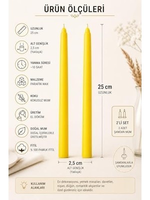 2’li Sarı Şamdan Mum Seti 25 cm – Dekoratif Ince Şamdan Mum, Kokusuz Parafin WAX,%100 Pamuk Fitil, El Döküm, Uzun Süre Yanma (~10 Saat), Şık Sofra, Davet, Nişan, Düğün ve Ev Dekorasyonu Için Zarif