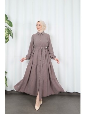Boydan Düğmeli Kuşaklı Katlı Elbise Kahverengi HNT8593