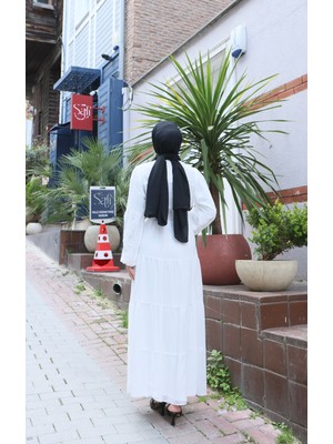 Kuşaklı Kat Kat Şifon  Elbise  Beyaz    HNT8595
