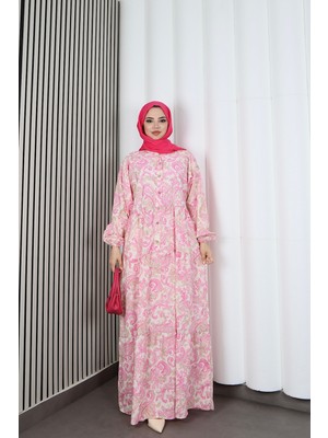  Kadın Modal Kumaş Şal Desen Tesettür  Yarım Pat Düğmeli  Yazlık Elbise Pembe HNT2131