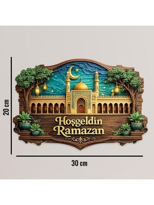 30-27 cm Hoş Geldin Ramazan Dekorlu Ahşap Kapı Süsü, Ramazan Süsleri, Ramazan Tavan Süsü