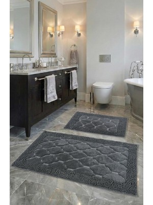 Pamukkent Süper Emici 2'li Pamuk Ultra Lüks Banyo Paspası Seti Antrasit 60X100 cm ve 50X60 cm