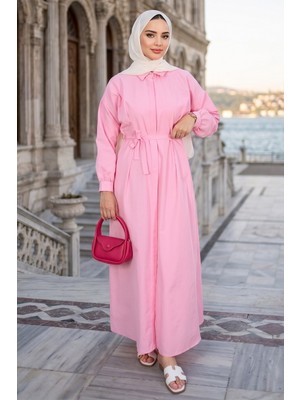 Gizli Pat Düğmeli Kuşaklı Terikoton Elbise HNT0316 Pembe