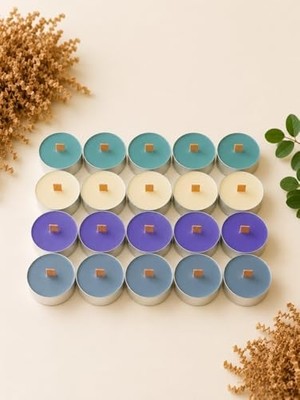 Sedefli Ahşap Fitil Tealight Mum Seti 20 Adet - Sandal Ağacı Kokulu, Yeşil, Sarı, Mor, Gri Renkli