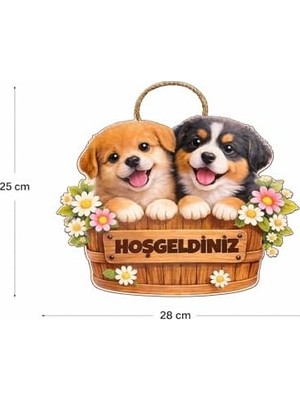 28-25 cm Hoş Geldin Köpek Çiçek Dekorlu Ahşap Kapı Süsü, Kapı Bahçe Önü Süsü