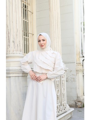 Fırfır Detaylı Kuşaklı Terikoton Elbise Ekru     HNT0313