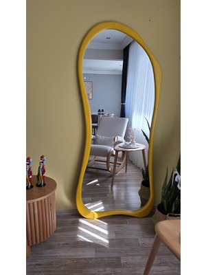 Uğurlu Ayna 180X80 cm Asimetrik Boy Aynası - Sarı Ahşap Görünümlü Dekoratif Boy Aynası