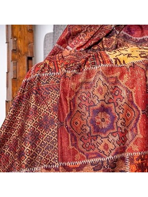 Concept Softmicro Koltuk Örtüsü | Çekyat Örtüsü | Koltuk Şalı | Etnik Desenli Boho Patchwork Kaymaz | Kiremit 180X220 cm