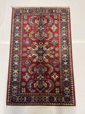 El Dokuma Afgan Halı Kazak  Desenli Bordo Renk Kök Boya 89 x 142