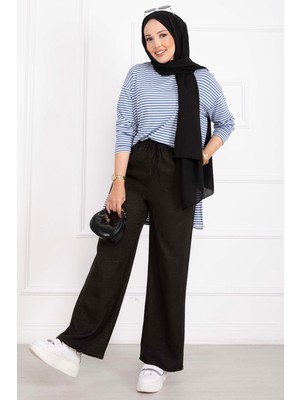 Ebru Tesettür Beli Lastikli Keten Pantolon Siyah