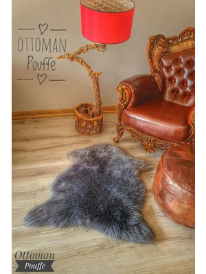 Ottoman Pouffe Gerçek Deri Uzun Tüylü Yumuşacık Hakiki Toskana Gri Koyun Postu Büyük Boy 80X110CM