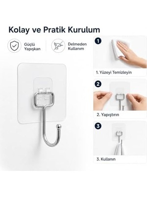 Yapışkanlı Askılık Krom Kaplama, Delmeden Montajlı Banyo ve Mutfak Askısı, Şeffaf Yapışkan Tabanlı Metal Askı, Havlu Bez Anahtar Askılığı (3 Adet Gönderilmektedir)