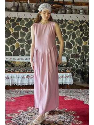 Zülays Belden Büzgülü Sıfır Kol Elbise Pembe