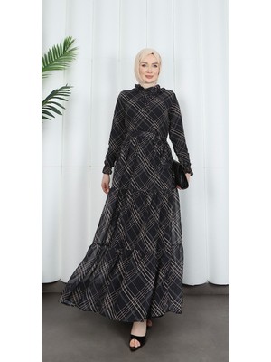 Desenli  Kuşaklı Şifon Yakası Fırfırlı Elbise Siyah HNT7354
