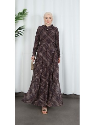 Desenli  Kuşaklı  Yakası Fırfırlı Şifon Elbise Acı Kahve   HNT7354