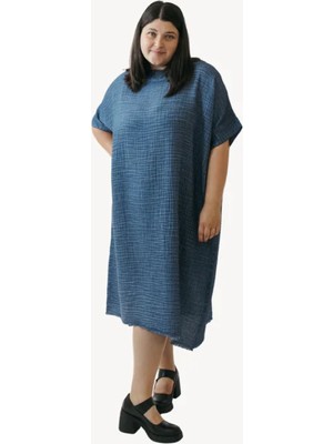 İkikız Crinkle Pamuk Indigo Balon Elbise