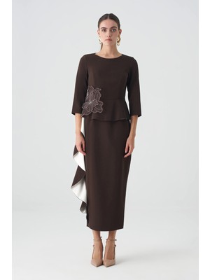 Volanlı Garnili Peplum Saten Elbise EL-4388