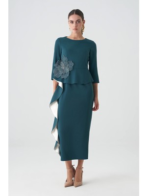 Volanlı Garnili Peplum Saten Elbise EL-4388