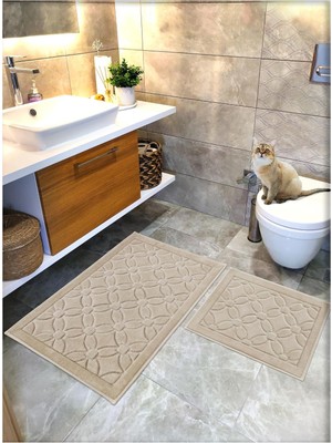 Cottoncrafty %100 Pamuk Dokuma Su Emici Banyo Paspas Seti, Banyo Halısı Çiçek 2 Li Set 60X100-60X50 (Bej)