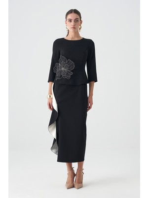 Volanlı Garnili Peplum Saten Elbise EL-4388
