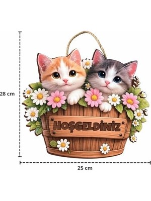 28-25 cm Hoş Geldin Kedi Çiçek Dekorlu Ahşap Kapı Süsü, Kapı Bahçe Önü Süsü