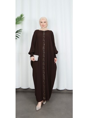 Yarasa Kol  Leopar Taşlı Elbise Acı Kahve  HNT8526