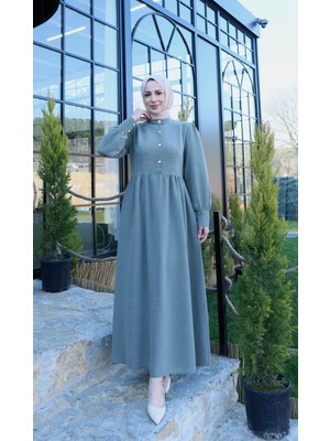 Düğme Detaylı Pileli Tesettür Elbise  Haki  HNT8528