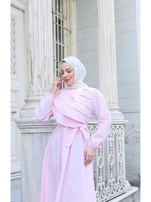 Fırfır Detaylı Kuşaklı Terikoton Elbise Pembe    HNT0313