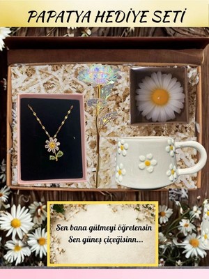 Perry Accessories Kararmaz Çelik Papatya Kolye ,kupa Bardak,papatya Mum ve Sonsuzluk Gül Hediye Sepeti