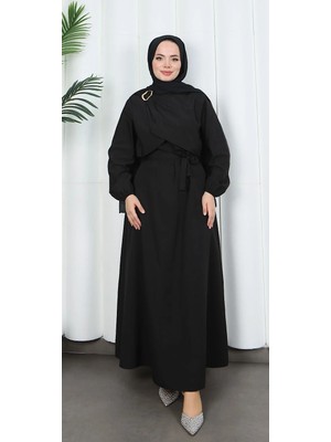 Toka Detaylı Kuşaklı Terikoton Elbise Siyah    HNT0332