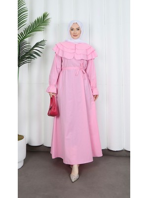 Kuşaklı Fırfır Detaylı Tesettür Terikoton Elbise Pembe HNT0314