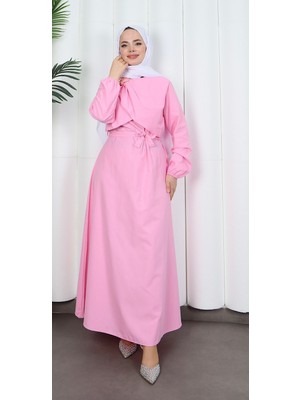 Toka Detaylı Kuşaklı Terikoton Elbise Pembe  HNT0332
