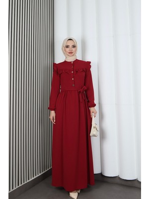 Omzu ve Önü Fırfırlı Kuşaklı Ayrobin Tesettür Elbise Bordo  HNT7345