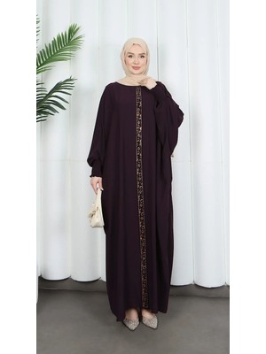 Yarasa Kol  Leopar Taşlı Elbise Mor  HNT8526