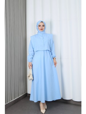 Bolerolu Beli Lastikli Tesettür Elbise Bebe Mavisi    HNT011