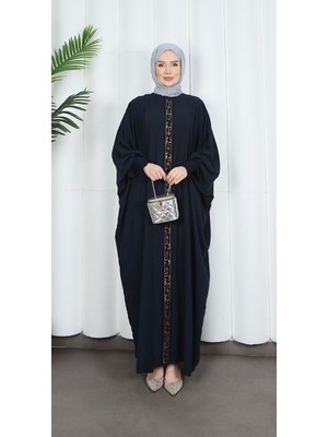 Yarasa Kol  Leopar Taşlı Elbise Lacivert  HNT8526
